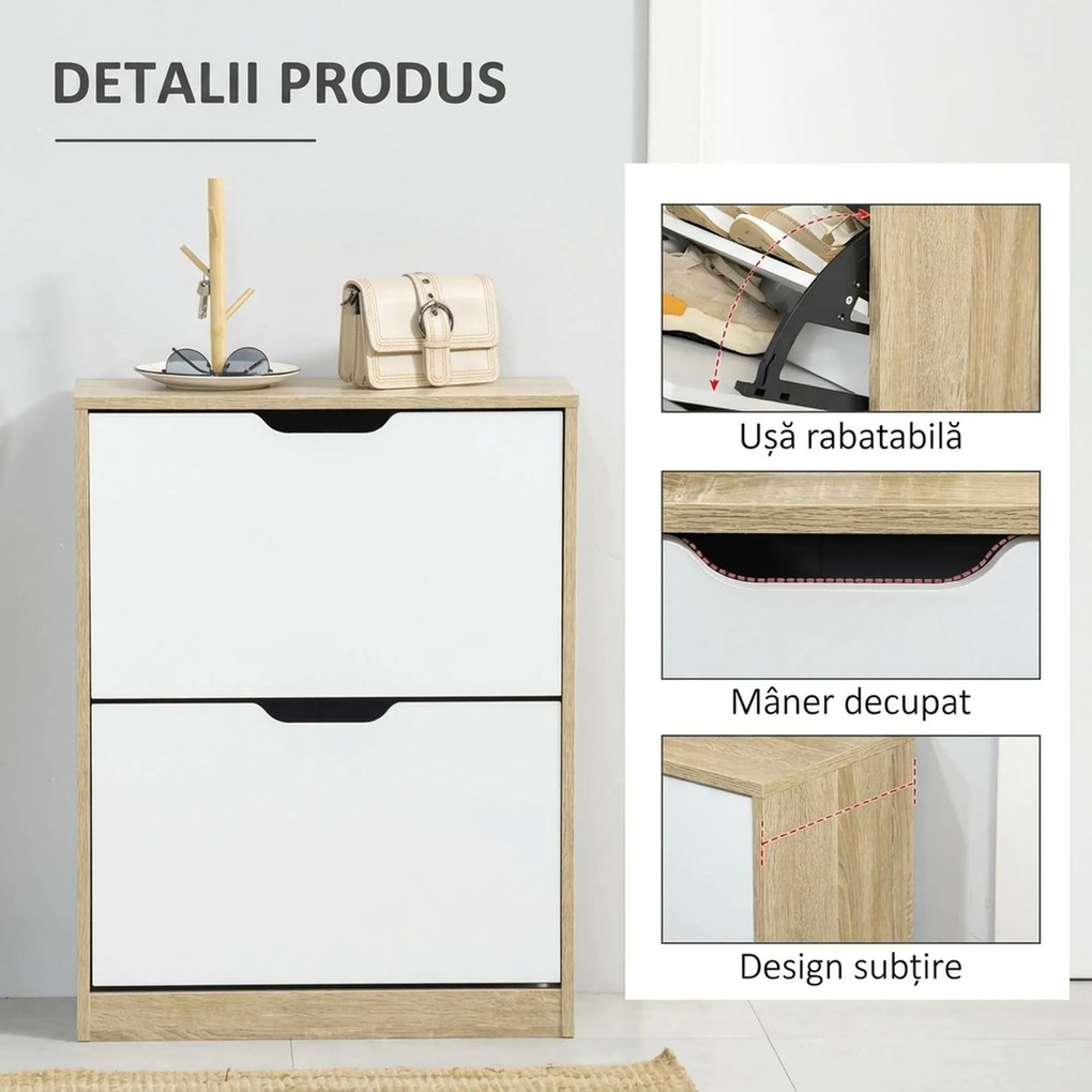 HOMCOM Dulap pantofi cu 2 Sertare Rabatabile, 8 Perechi, cu un Dispozitiv Anti-Răsturnare, Design Compact, 62,5x26x81 cm, Natural | Aosom Romania