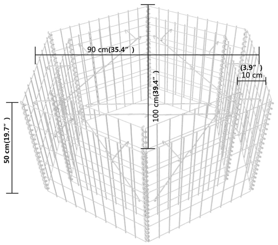 Strat inaltat gabion hexagonal, 100 x 90 x 50 cm 1, Argintiu, 100 x 90 x 50 cm