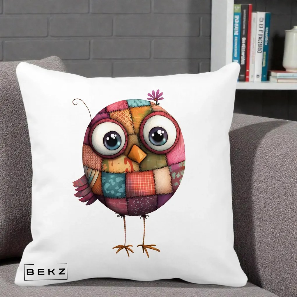 Perna Decorativa Pasare Patchwork Roz cu Floare, 40x40 cm, Alba Mata, Husa Detasabila, Perna Inclusa, BEKZ®