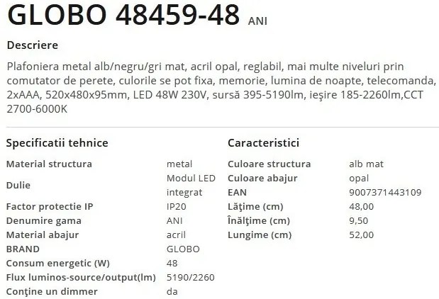 Plafoniera LED cu telecomanda design modern Ani alb 48W