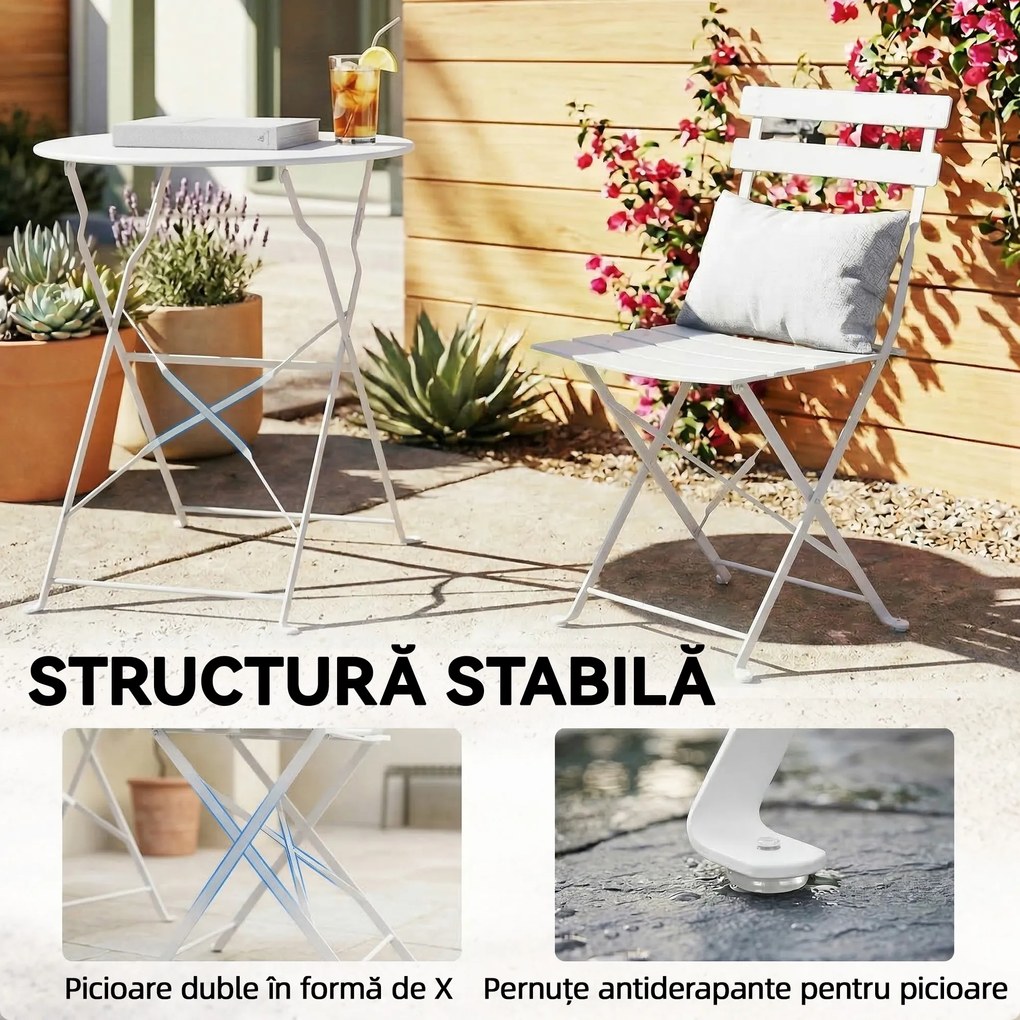 Outsunny Set Bistro Pliabil pentru Exterior cu Masă și 2 Scaune, Alb | Aosom Romania