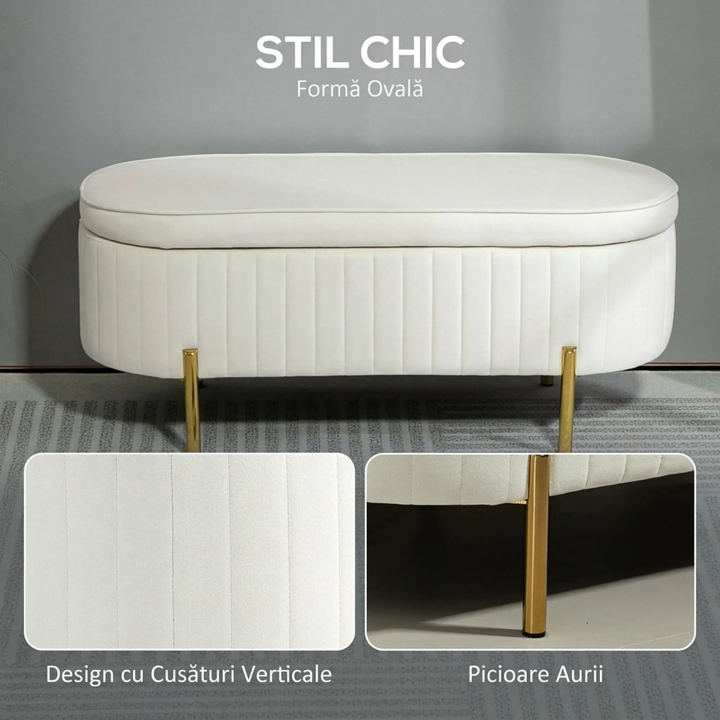 HOMCOM Bancă de Depozitare de Intrare Ovală 72L, Design Canelat cu Capac Rabatabil și Scaun Capitonat, Bancă de la Capătul Patului, Pouf, în Velur și cu Picioare din Lemn de Pin, 108x44x43.5 cm, Crem | Aosom Romania