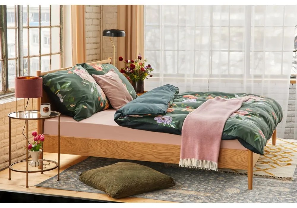 Lenjerie de pat din bumbac satinat pentru pat dublu Bonami Selection Floret, 160 x 220 cm, verde închis