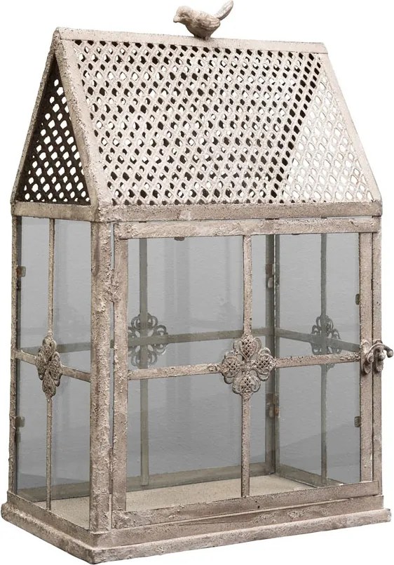 Suport shabby chic pentru lumânare tip seră din metal, cu pasăre decorativă, H45,5 cm