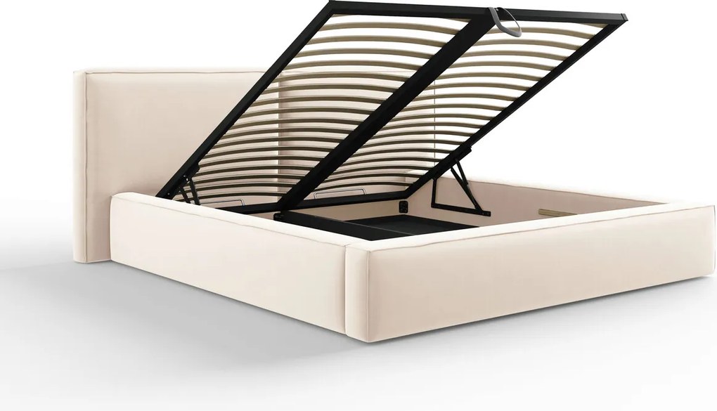 Pat tapitat cu tablie si lada depozitare, Jodie, Micadoni Home, BL, 180x200 cm, catifea, bej deschis