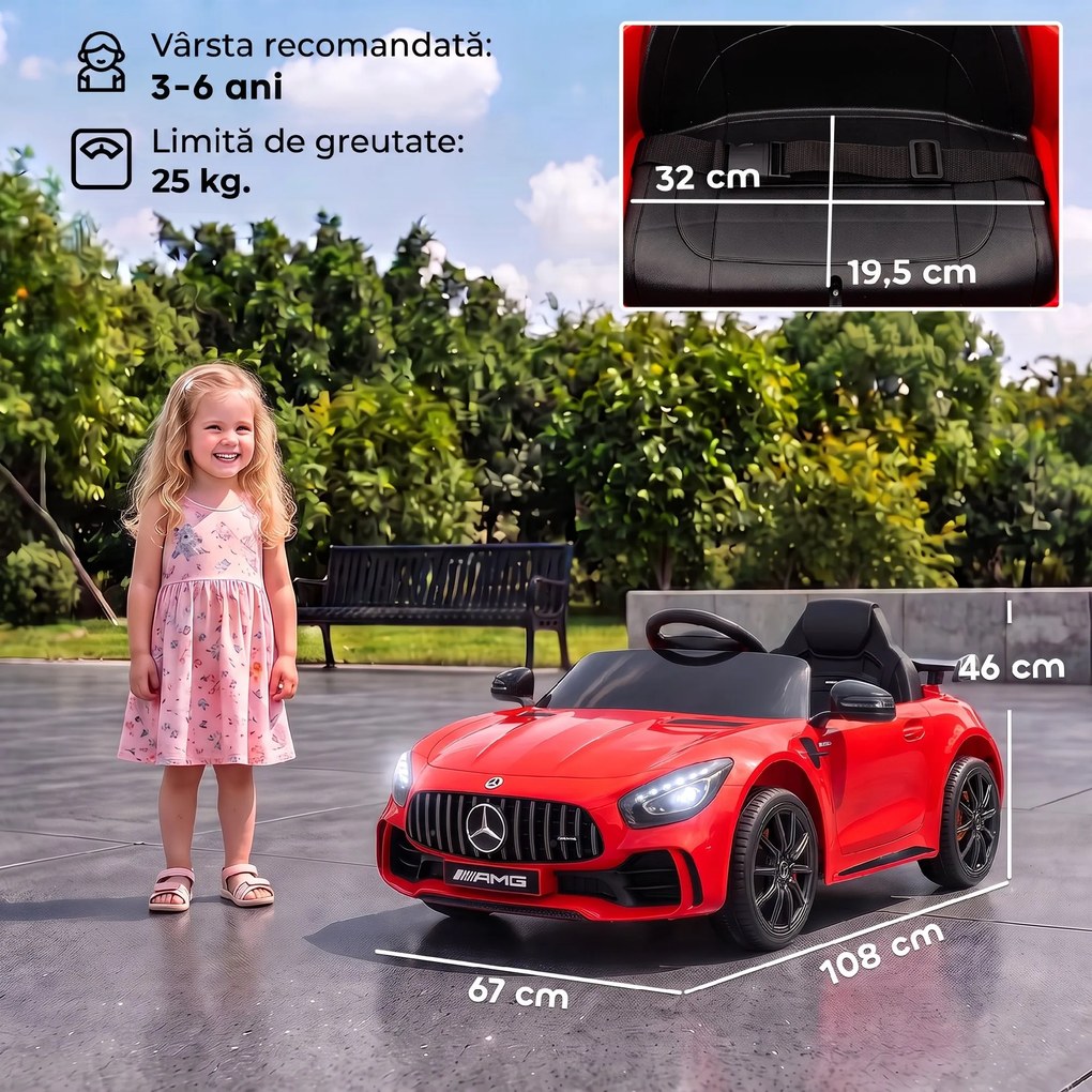 AIYAPLAY Mașină electrică pentru copii Mercedes-AMG GTR, 2 motoare, telecomandă, 3-5 km/h, roșu, 3-6 ani | Aosom Romania
