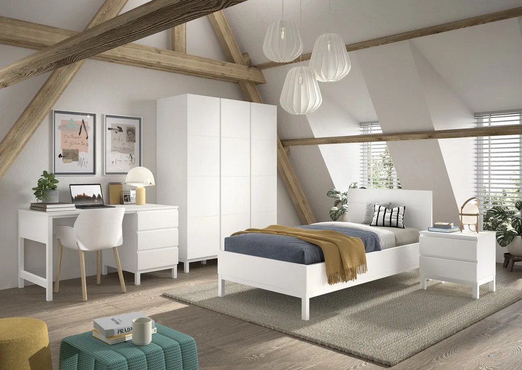 Set Complet Mobilier Cameră Copii Eva: Pat 90x200 cm, Noptieră, Dulap 3 Uși și Birou cu Sertare, Alb – Vipack