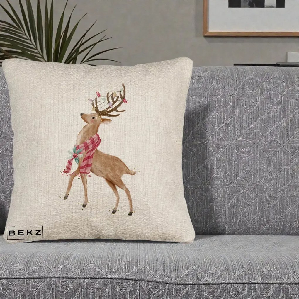 Perna Decorativa Renita cu Fular si Luminite, 40x40 cm, Bej Canapea, Husa Detasabila, Perna Inclusa, BEKZ®