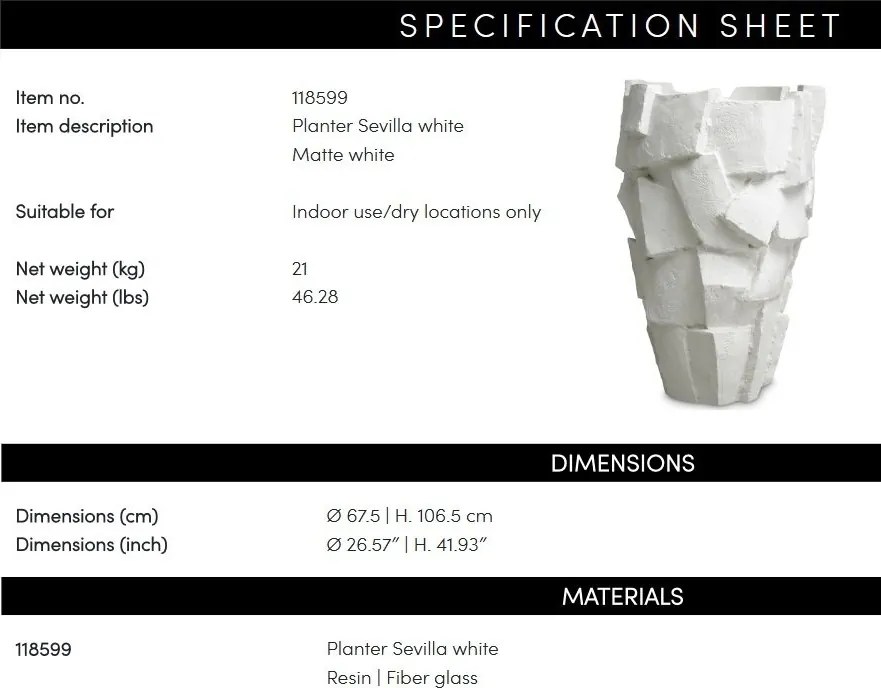 Ghiveci de flori LUX, Fibra de sticla, Alb, Sevilla