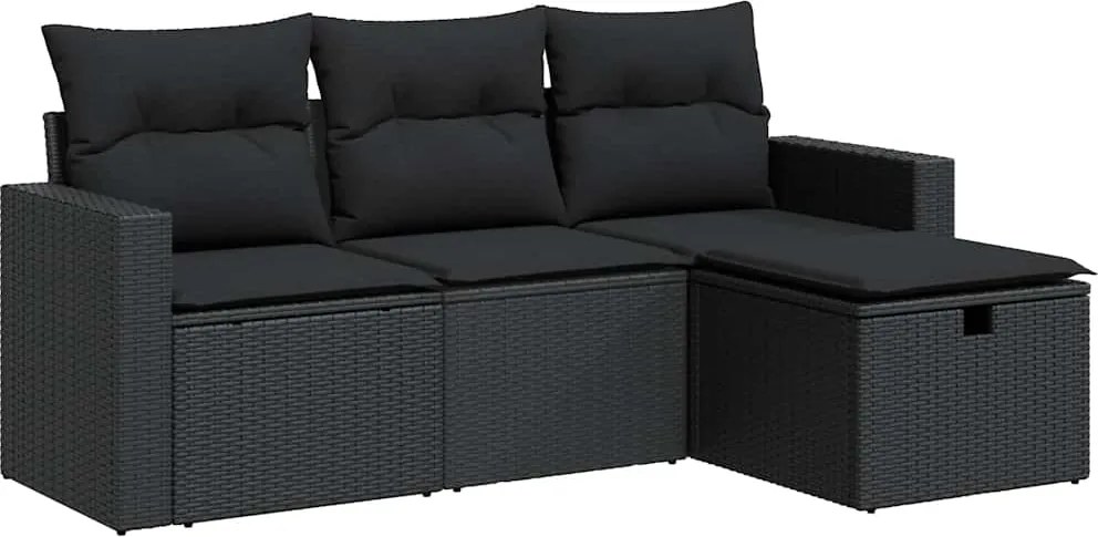 vidaXL Set mobilier de grădină cu perne, 4 piese, negru, poliratan