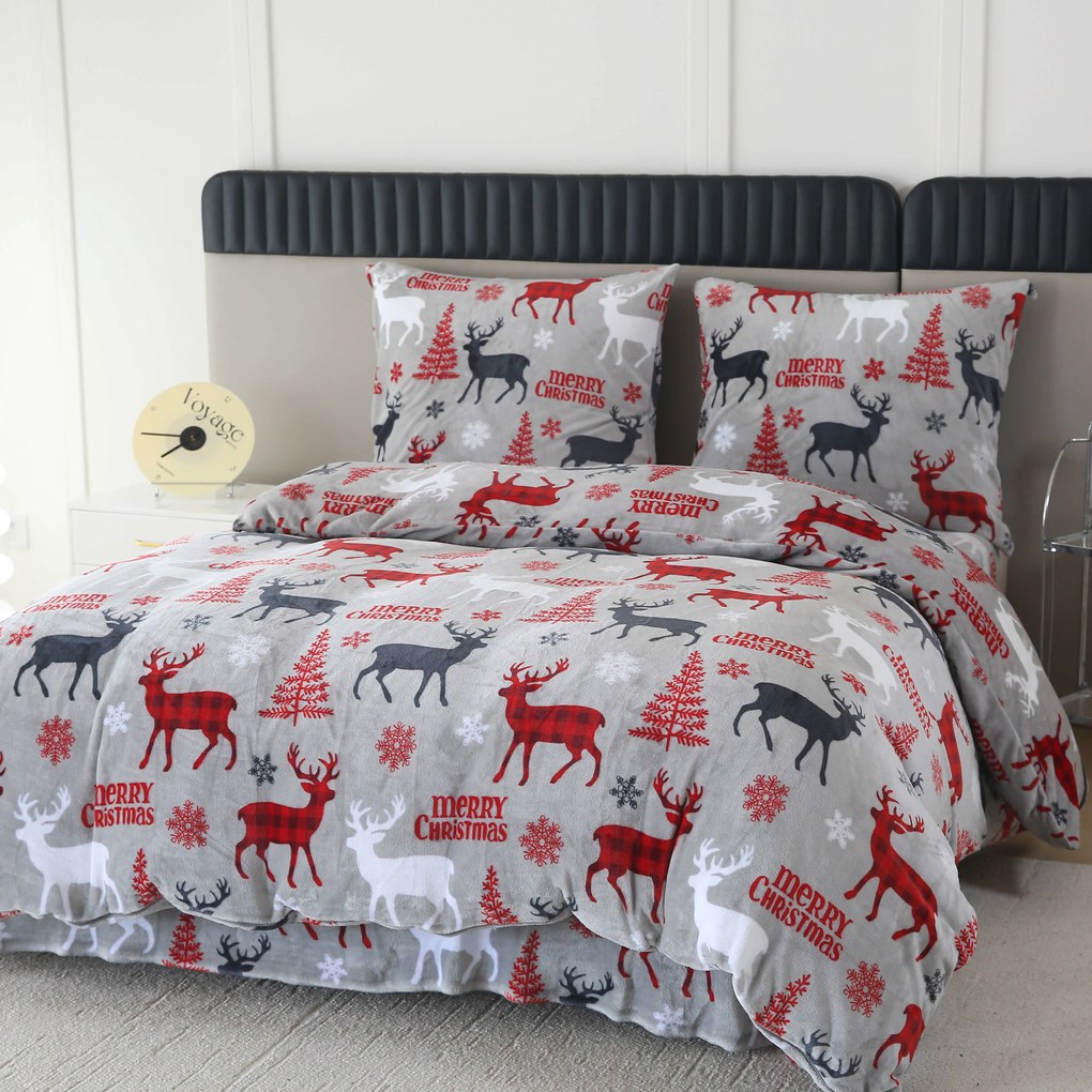 Set Lenjerie cocolino MERRY CHRISTMAS DEER gri + Cearsaf Cocolino microplus cu elastic SOFT 180x200 cm alb, pat dublu