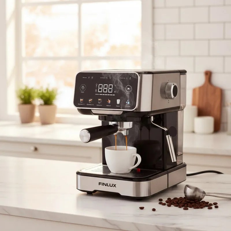 Espressor manual pentru cafea macinata Finlux FEM-1655BS, 1100 W, 20 bar, 1,5 l, Ecran tactil, Bloc termic, Duza de abur, Argintiu/Negru