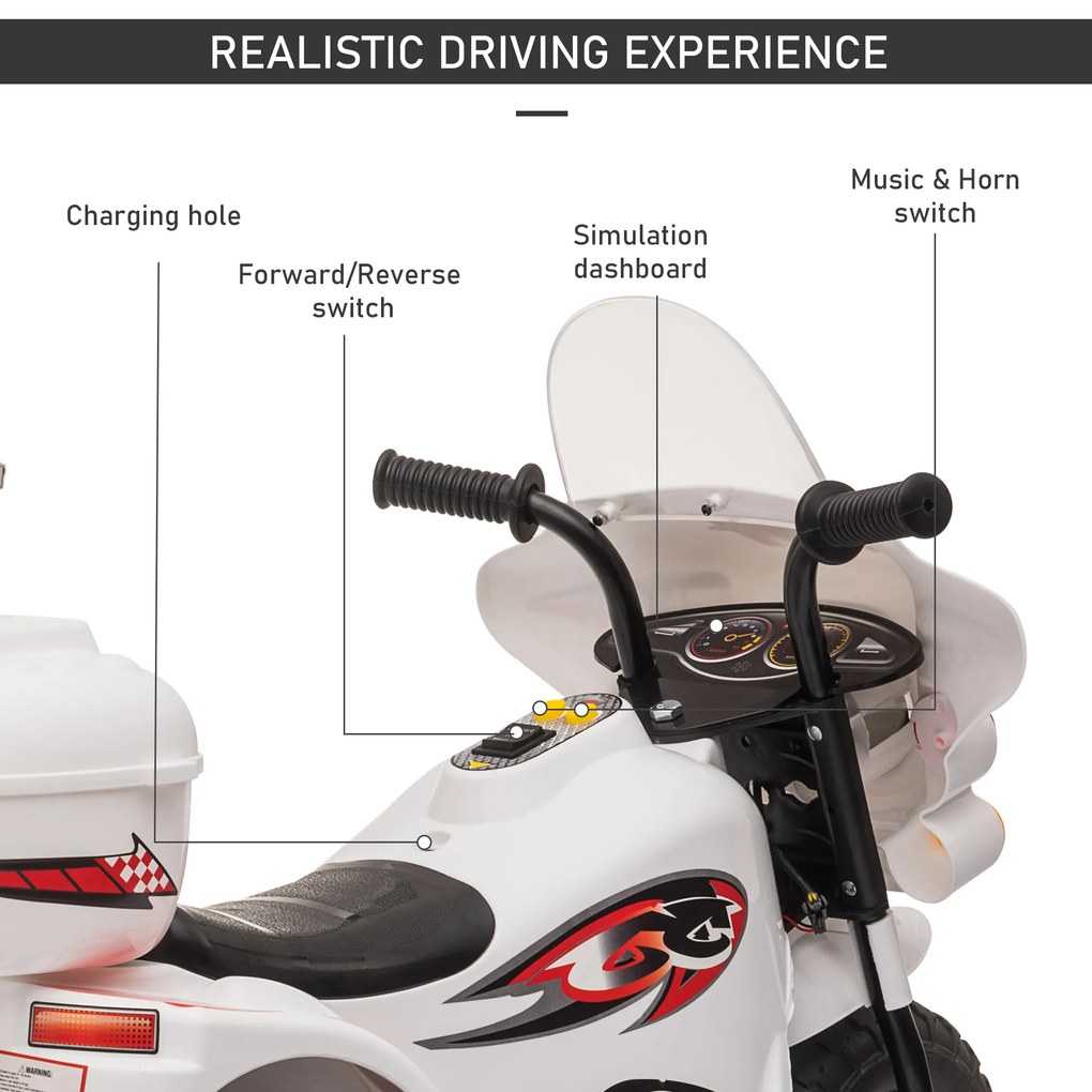 Motocicleta Electrica pentru copii HOMCOM 18-36 luni, baterie de 6V, PP Otel, Alba | AOSOM RO
