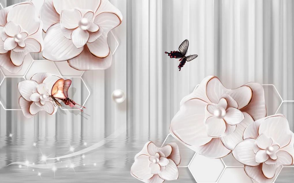 Tapet Premium Canvas - Abstract flori roz si fluturi