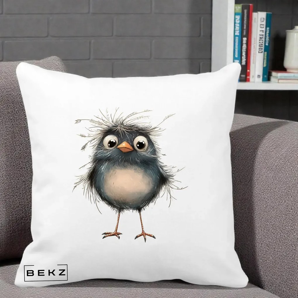 Perna Decorativa Pui Negru Zbarlit cu Pene Fine, 40x40 cm, Alba Mata, Husa Detasabila, Perna Inclusa, BEKZ®