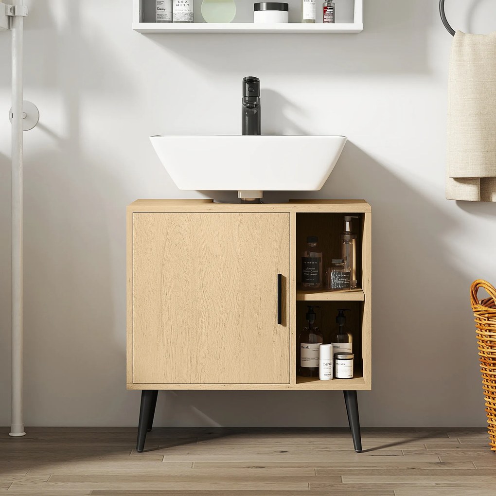 HOMCOM Mobilier sub chiuvetă baie cu ușă cu închidere progresivă și raft reglabil, 60 x 30 x 59,5 cm, stejar | Aosom Romania
