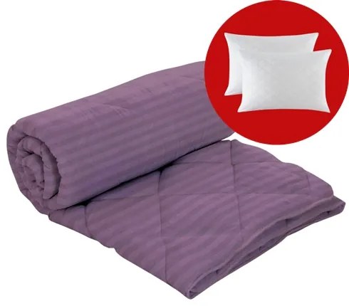 Set pilota iarna, umplutura lana, material damasc policoton, 180x210cm, matlasata, lila, Pucioasa cu 2 perne, matlasate, antialergice, 50x70cm, albe, Pucioasa