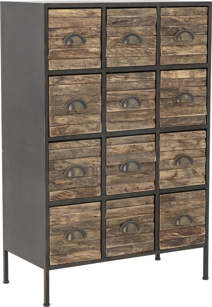 Comodă cu multe sertare, industrială, din metal și lemn, negru, cu 12 sertare, mânere scoică și picioare metalice, 92 x 60,5 x 33,5 cm, „Matteo”