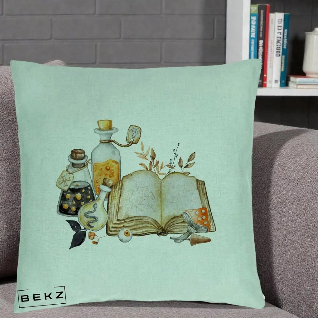 Perna Decorativa Grimoire Vrajitoare si Filtre Magice Halloween, 40x40 cm, Verde Menta, Husa Detasabila, Perna Inclusa, BEKZ®