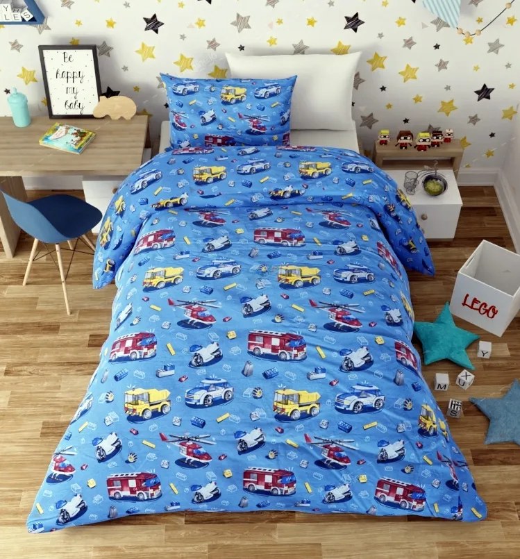 Lenjerie de pat copii bumbac City Cars Lego /160x200 cm dimensiune standard
