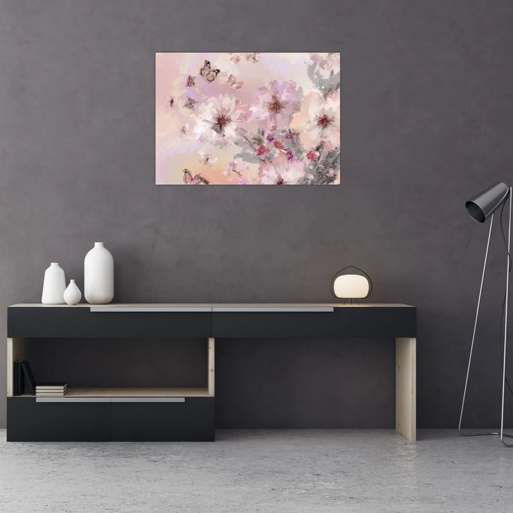 Tablou pe sticlă - Colaj de artă cu fluturi (70x50 cm)