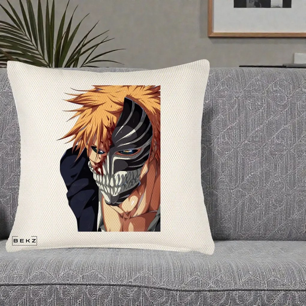 Perna Personalizata Bleach Ichigo Masca Hollow, 40x40 cm, Crem Reliefat, Husa Detasabila, Perna Inclusa, BEKZ®