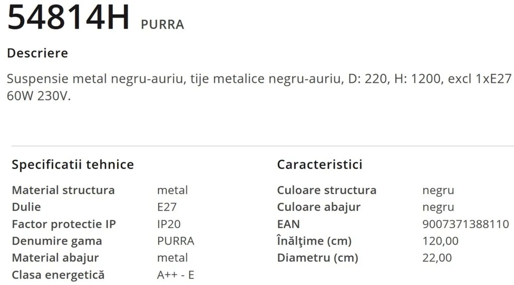Pendul modern metalic negru-auriu diam. 22cm PURRA 54814H GL