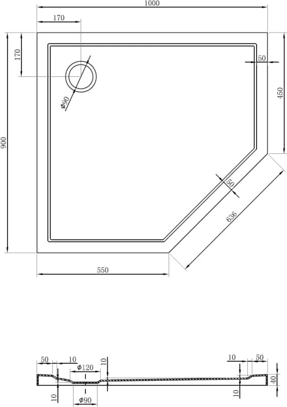 Mexen Flow brodzik pentagonal slim stânga 100 x 90 cm, alb lucios - 46P109010L
