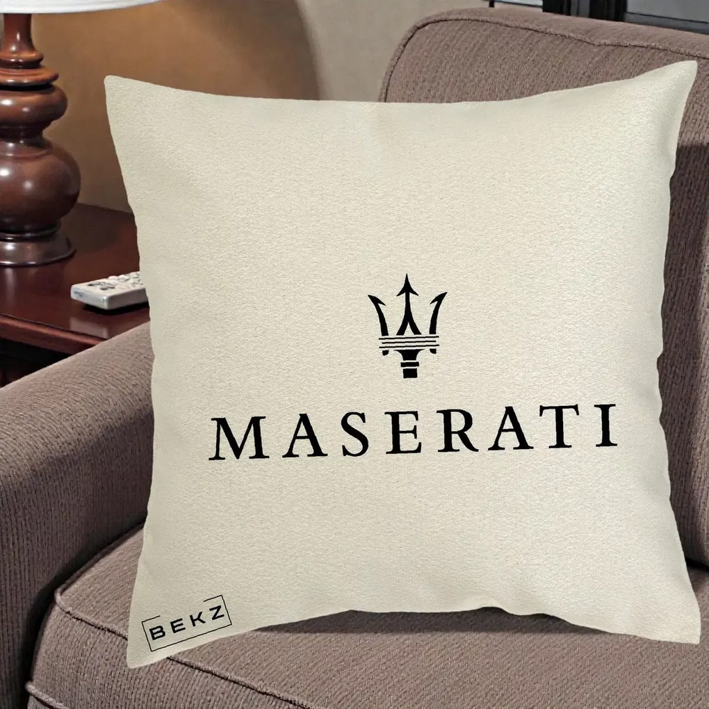 Perna Personalizata cu emblema Maserati, 40x40 cm, Ecru, Husa Detasabila, Perna Inclusa, BEKZ®