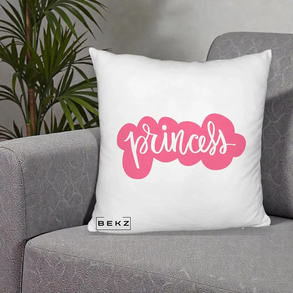 Perna Decorativa Princess Text Roz, 40x40 cm, Alb Pufos, Husa Detasabila, Perna Inclusa, BEKZ®