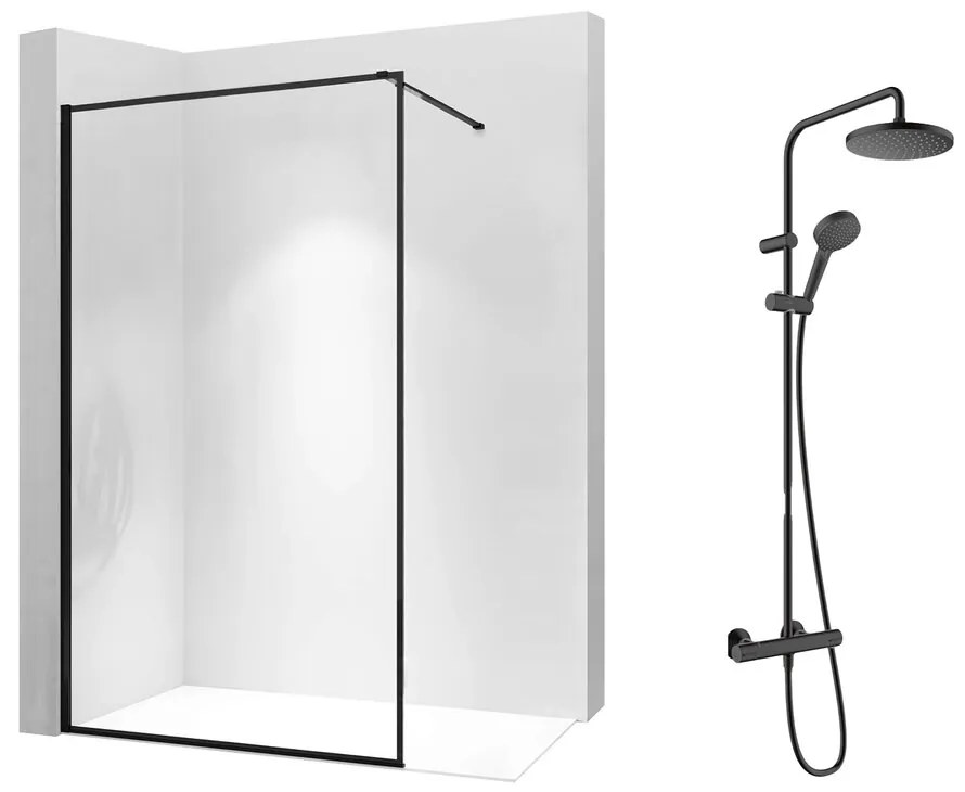 Pachet paravan dus Walk-In Rea Bler-1 negru 70x195 cm si coloana de dus Hansgrohe Vernis Blend negru