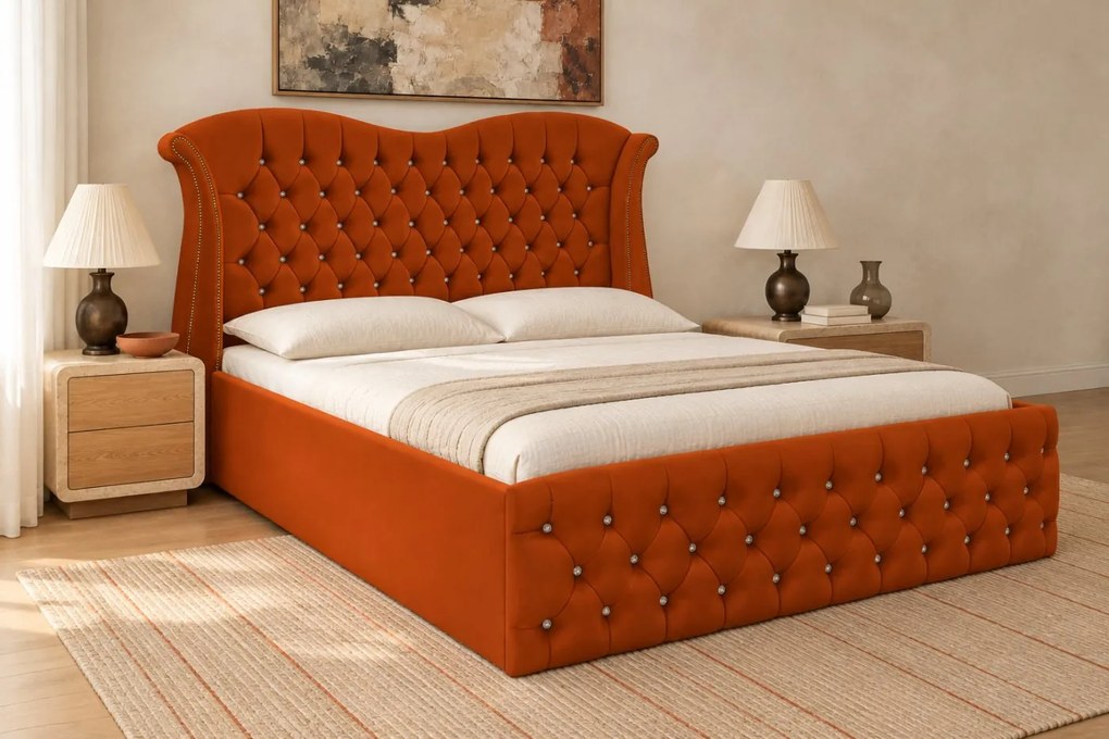 Pat tapițat Chesterfield Avella 180×200 cm, cărămiziu, cu ladă de depozitare