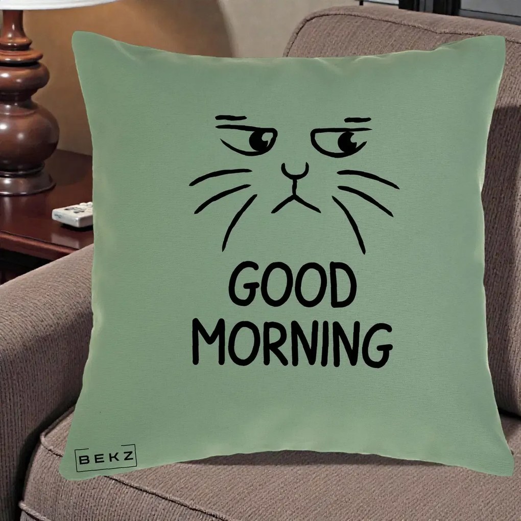 Perna Decorativa Pisica Morocanoasa Good Morning, 40x40 cm, Verde, Husa Detasabila, Perna Inclusa, BEKZ®
