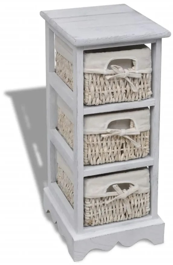 240796 vidaXL Dulap de depozitare din lemn, 3 coșuri împletite, alb