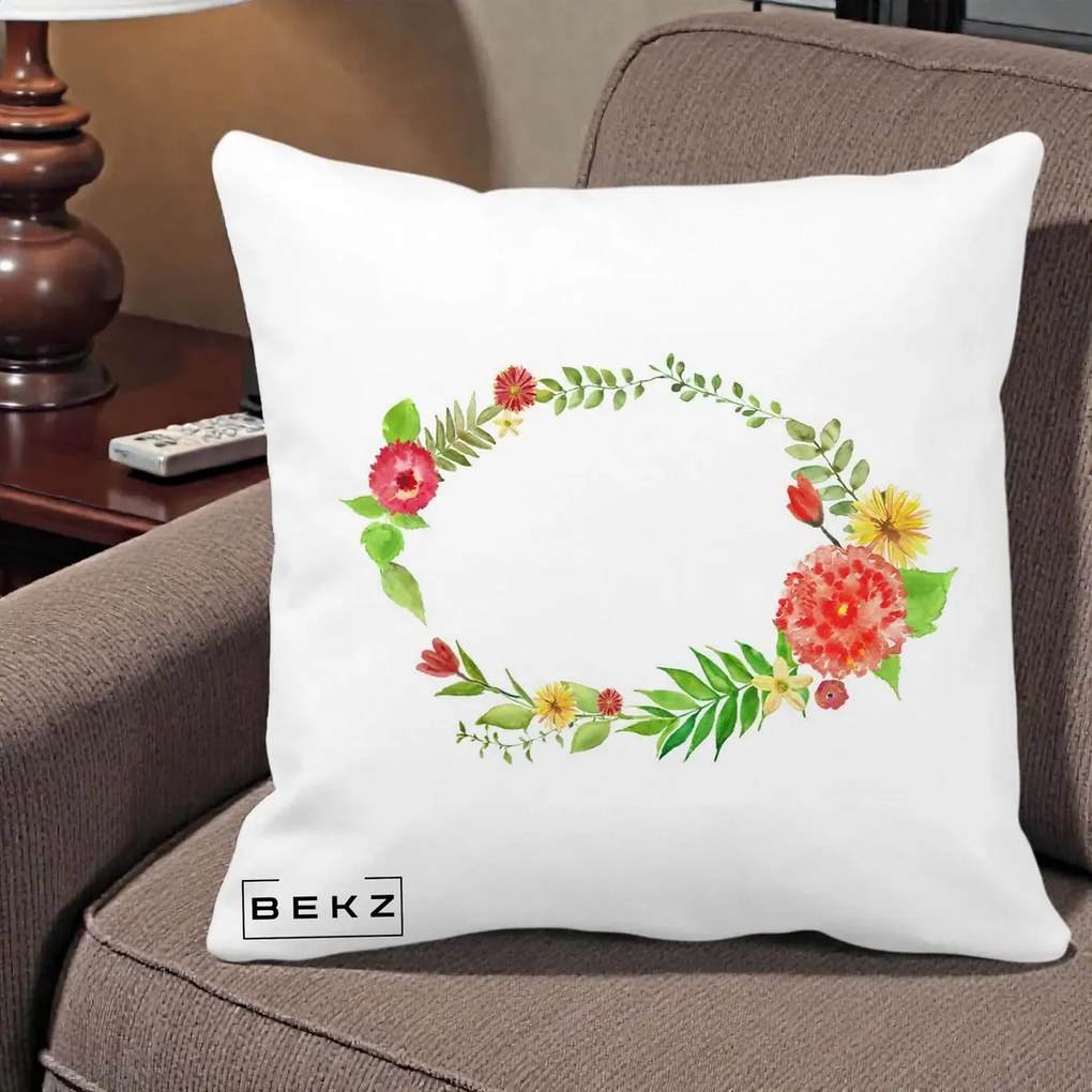 Perna Decorativa Coroana Florala Acuarela, 40x40 cm, Alba Mata, Husa Detasabila, Perna Inclusa, BEKZ®