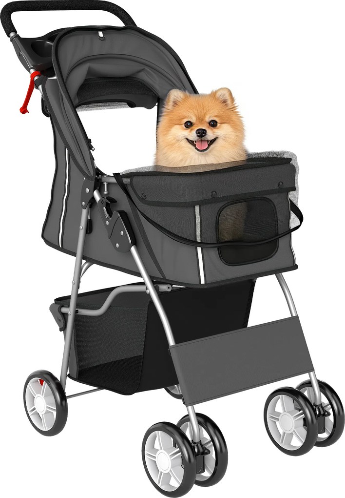 PawHut Cărucior pliabil pentru câini, cărucior cu bandă reflectorizantă, coș de depozitare, pernă pentru câini mici până la 10 kg 77x44x102 cm gri închis | Aosom Romania