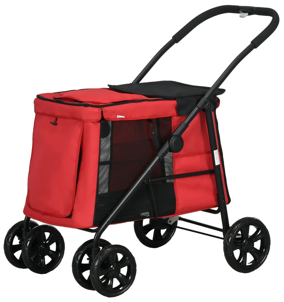 PawHut Cărucior pliabil pentru animale câini pisici cu pernă inclusă, roți cu frână, material textil Oxford 600D, 102 x 62 x 105 cm, roșu | Aosom Romania