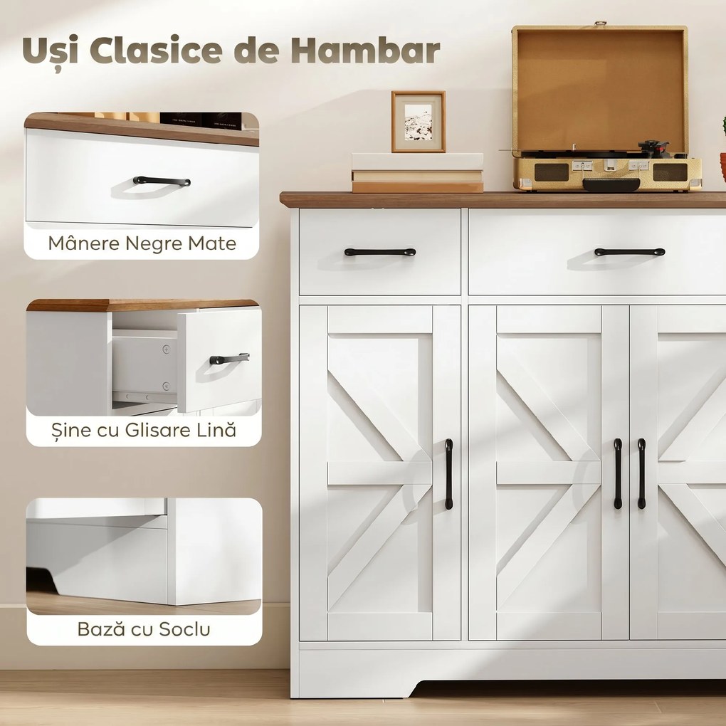 HOMCOM Bufet Bucătărie Rustic, Bufet cu Uși Soft-Close, 3 Sertare, 3 Rafturi Reglabile, Portaspecii, PAL, MDF, Alb | Aosom Romania