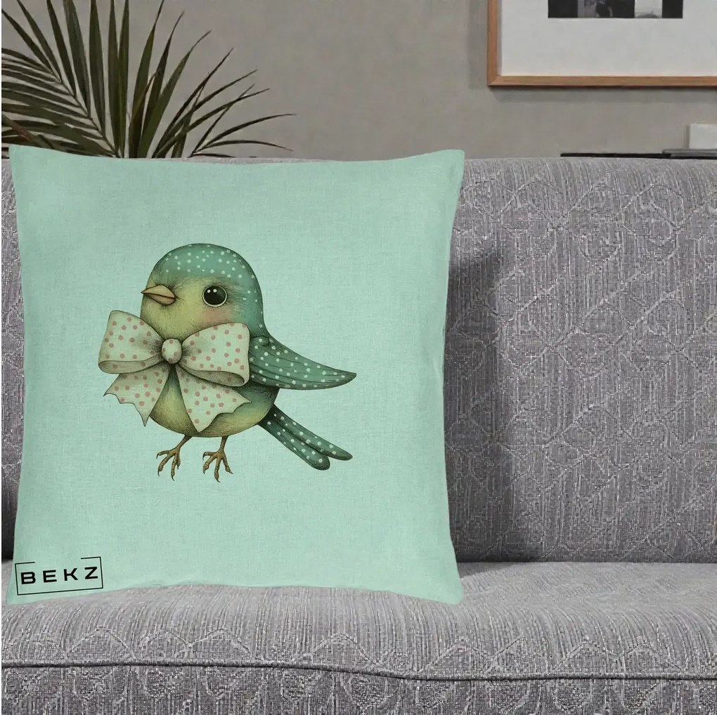 Perna Decorativa Pasare Teal cu Fundita cu Buline, 40x40 cm, Verde Menta, Husa Detasabila, Perna Inclusa, BEKZ®