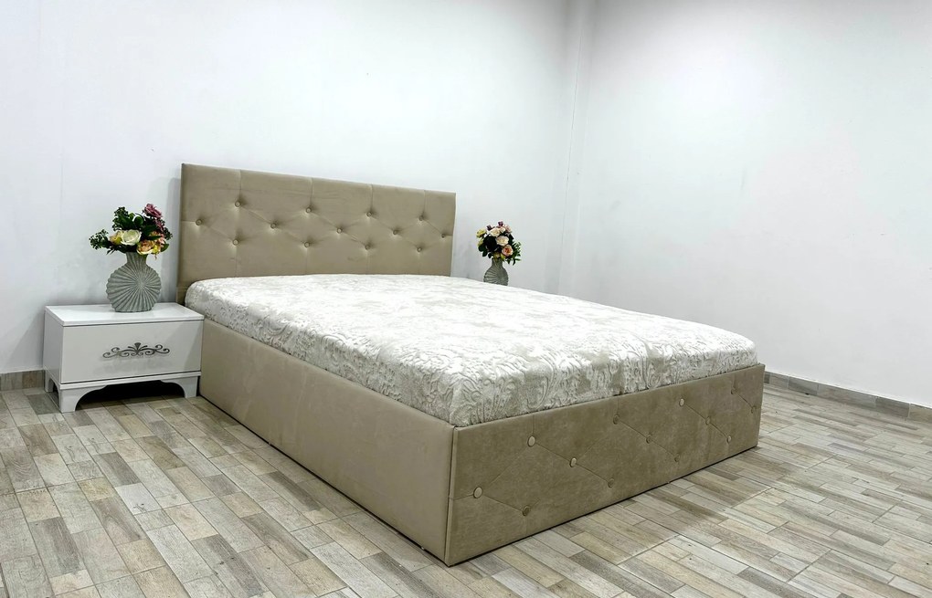 Set pat tapitat Paris, culoare crem, cu 2 noptiere Viena si saltea superortopedica lux 160 x 200 cm