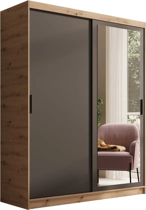 Dulap cu usi glisante si oglinda, 160x60x205 cm, Hailey 160, ADRK Furniture (Culoare: Artisan / Negru)