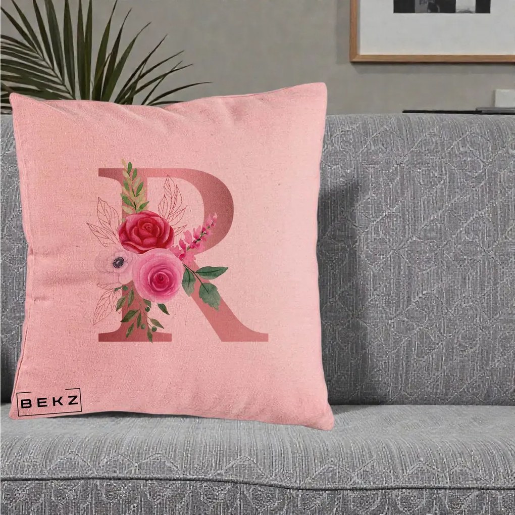 Cadou Personalizat - Perna Personalizata Monograma Rose Gold Litera R, 40x40 cm, Roz, Husa Detasabila, Perna Inclusa, BEKZ®