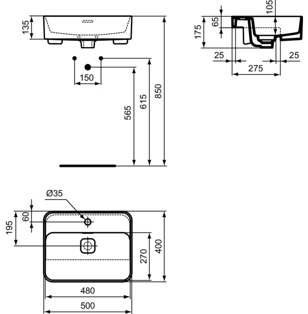 Lavoar semi-incastrat alb 50 cm, dreptunghiular, cu orificiu baterie, Ideal Standard Strada II