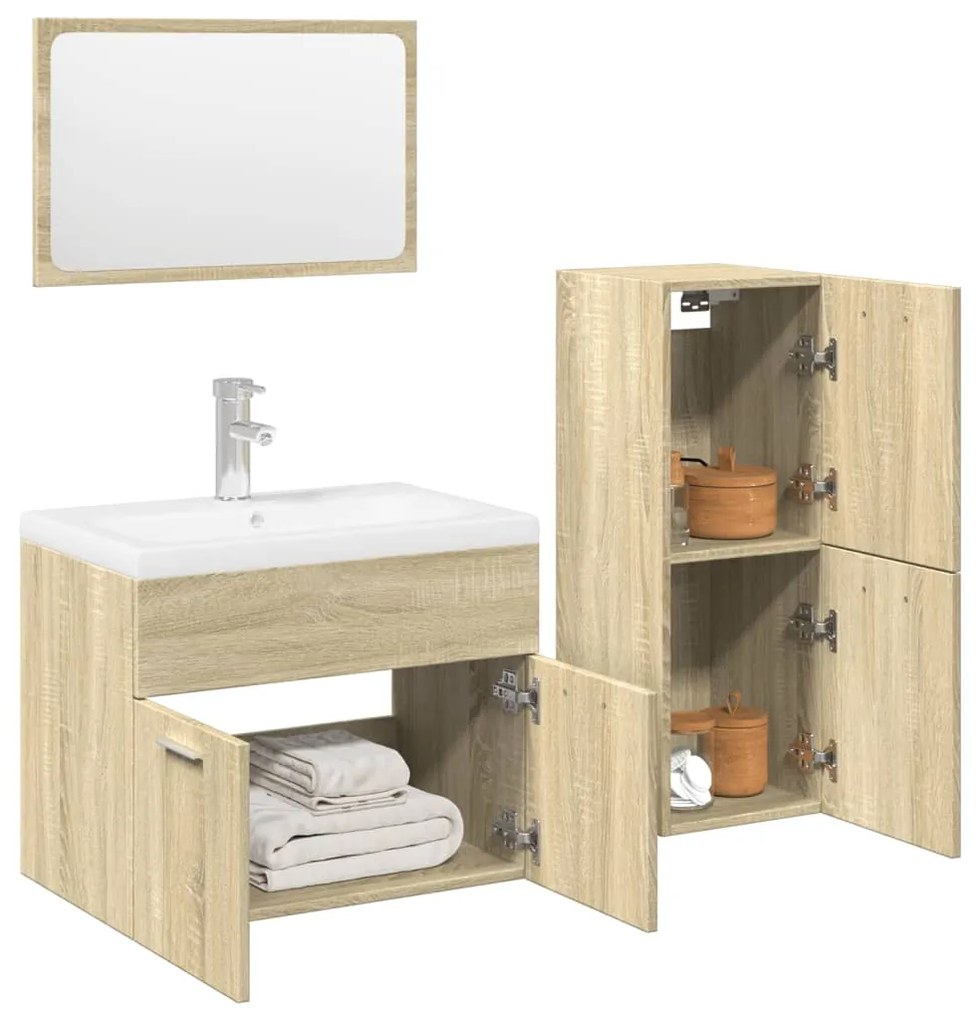 3324996 vidaXL Set mobilier de baie, 3 piese, stejar sonoma, lemn prelucrat