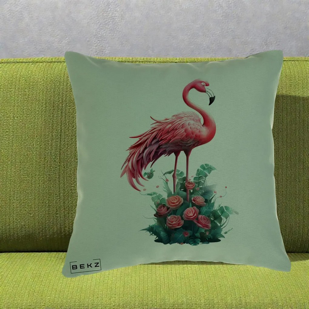 Perna Decorativa Flamingo cu Trandafiri Tropicali, 40x40 cm, Verde, Husa Detasabila, Perna Inclusa, BEKZ®