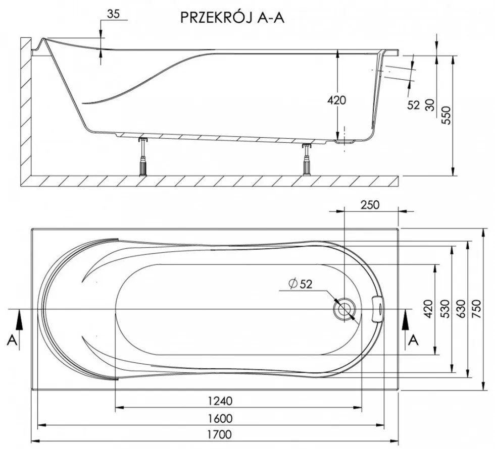 Cadă de baie dreaptă Wivea 75x170