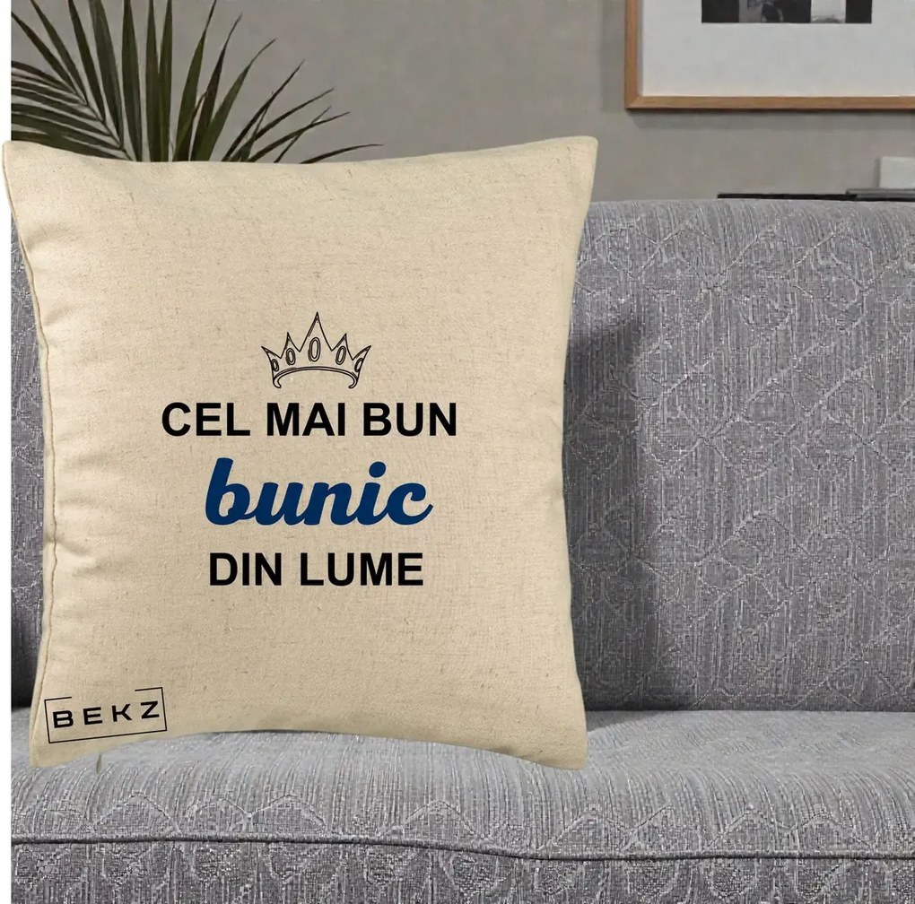 Cadou pentru Bunic - Perna Personalizata Cel Mai Bun Bunic Din Lume Coroana Albastra, 40x40 cm, Bej, Husa Detasabila, Perna Inclusa, BEKZ®