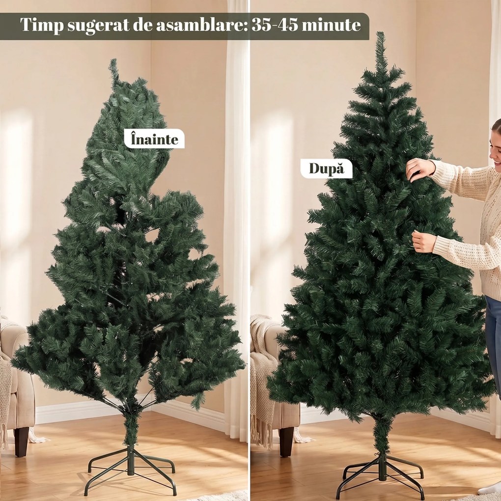 HOMCOM Brad de Crăciun Artificial, 180 cm, cu 820 de Crengi Ignifuge, Verde | Aosom Romania