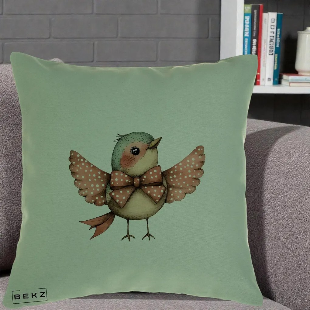 Perna Decorativa Pasare Roz cu Aripi si Fundita, 40x40 cm, Verde, Husa Detasabila, Perna Inclusa, BEKZ®