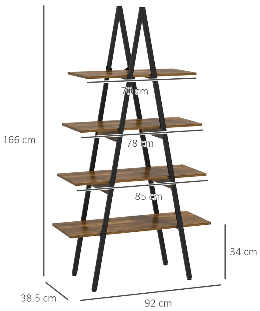 Raft Biblioteca Stil Industrial din PAL si Otel in Forma de A, 92x38.5x166 cm, Maro si Negru HOMCOM | Aosom Romania